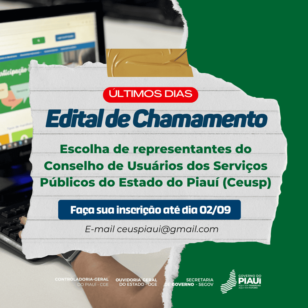 Inscrições para o Conselho de Usuários dos Serviços Públicos do Piauí seguem até dia 2