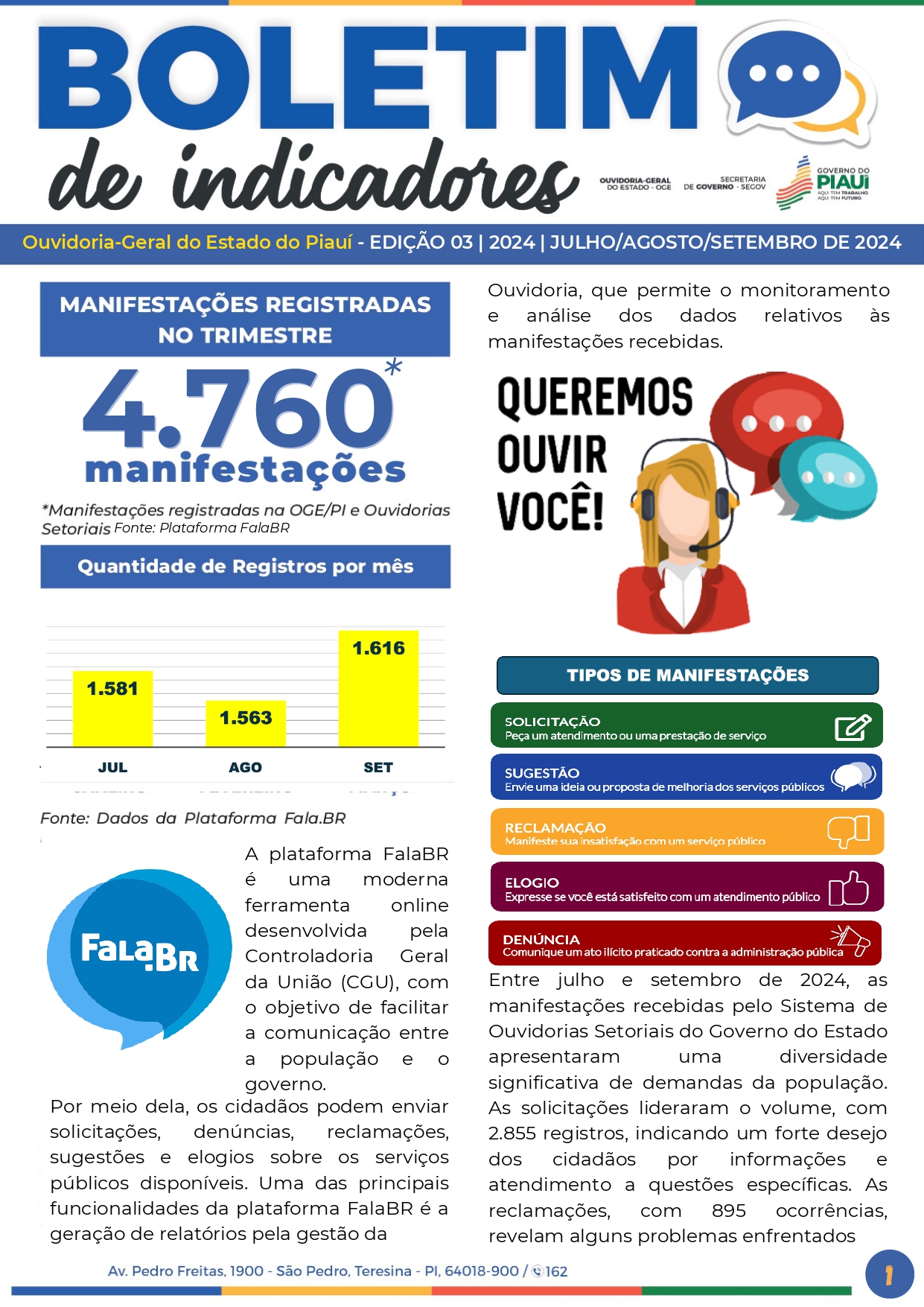 Ouvidoria-Geral do Estado do Piauí registra mais de 4.700 manifestações entre julho e setembro de 2024